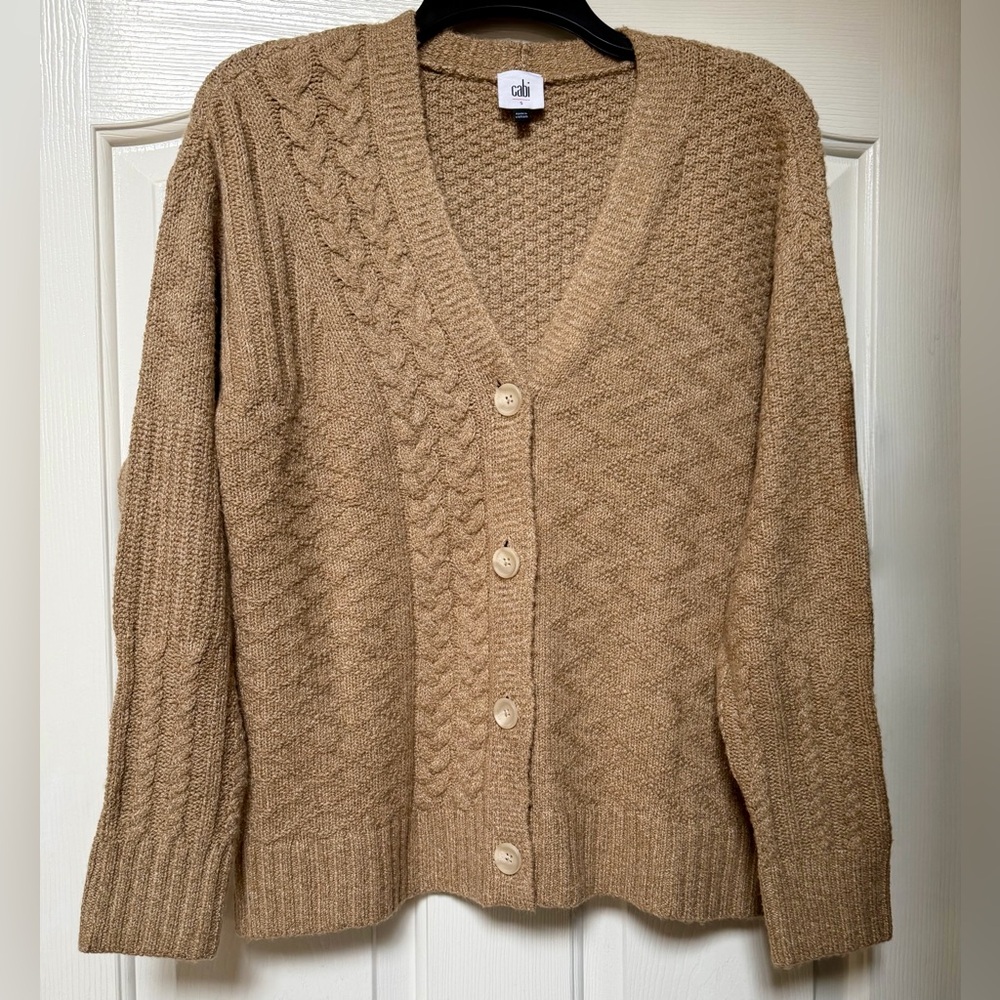 CAbi Chunky Cable Knit Grandpa Cardigan Sweater Beige Small Tan Women’s - Picture 3 of 10